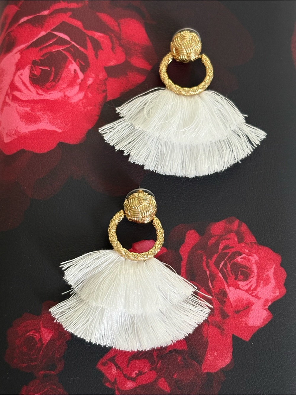 For Love and Lemons Gold & White Tassel Fan Earrings